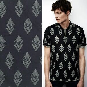 All Saints Short Sleeve Shirt Linen Cotton Ikat Print Murzik Grey Black S